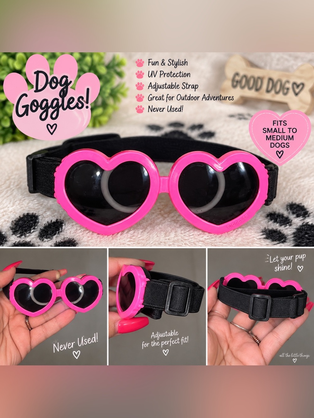 Pink Heart Dog Goggles with Adjustable Black Strap